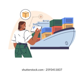 Ship with containers and woman using mobile app for parcel tracking. Vector illustration for freight delivery and logistics, maritime transportation. Shipping network and global trade. Sea cargo.