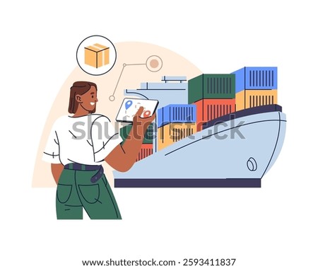 Ship with containers and woman using mobile app for parcel tracking. Vector illustration for freight delivery and logistics, maritime transportation. Shipping network and global trade. Sea cargo.