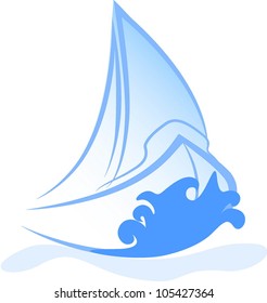 Ship contour with a sail, below a wave and a shadow from the ship.