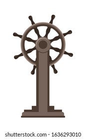 Ship control helm. Vintage steering wheel isolated on white. Nautical marine retro equipment. Navigation and direction tool. Wooden object. Sailboat, yacht rudder. Vector flat cartoon illustration