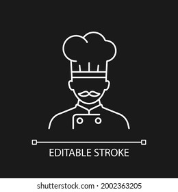 Ship cook white linear icon for dark theme. Making meals during traveling. Serving for customers. Thin line customizable illustration. Isolated vector contour symbol for night mode. Editable stroke