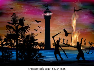 The ship crashes. The pirates and the ship are on fire. Palm trees tropical forest. Fight, fight on land. Riot on the ship. Illustration for your design. Horizontal orientation of the sheet.