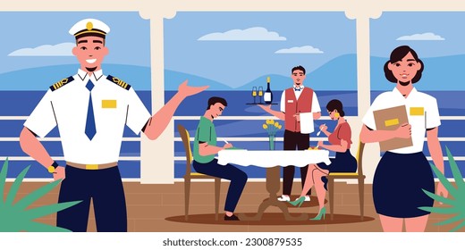 Ship crew flat composition with captain and passengers on deck vector illustration