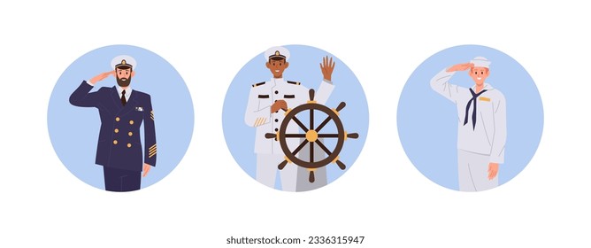 Ship crew isolated set of round composition with happy admiral, captain, seafarer steward seaman