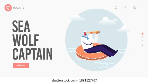 Ship Crew Landing Page Template. Sailor Floating on Huge Life Buoy Looking Far in Spyglass in Ocean. Male Character in White Uniform and Cap. Maritime Profession, Job. Cartoon Vector Illustration