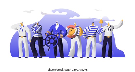 Ship Crew Male Characters in Uniform. Captain at Steering Wheel, Sailors in Stripped Vests Holding Life Buoy and Ringing Bell. Maritime Profession, Job Occupation. Cartoon Flat Vector Illustration