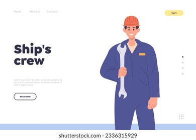 Ship crew repair service landing page design template with marine mechanic in uniform holding wrench