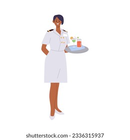 Ship crew stewardess female cartoon character wearing uniform isolated on white background