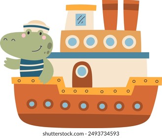 Ship With Crocodile Captain Vector Illustration