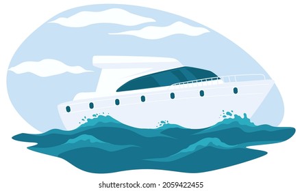 Transportador marítimo o de crucero en agua de mar o oceánica, viaje o aventura en transporte marítimo. Vacaciones de verano o descanso en yate. Relajación en barco con cubierta para caminar y tomar el sol. Vector de estilo plano