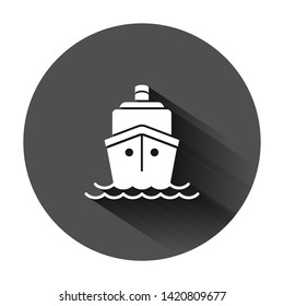 Ship cruise sign icon in flat style. Cargo boat vector illustration on black round background with long shadow. Vessel business concept.