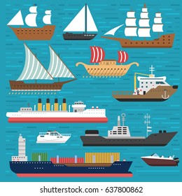 Ship cruiser boat sea symbol vessel travel industry vector sailboats cruise set of marine icon