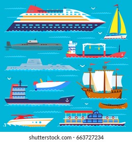 Ship cruiser boat sea transport symbol vessel travel vector sailboats cruise set of marine