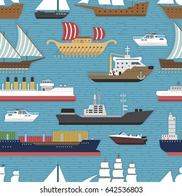 Ship cruiser boat sea vessel travel industry vector sailboats cruise marine seamless pattern backgrpund