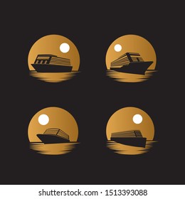 Ship cruiser on the ocean with gold moon or sun background illustration logo design set