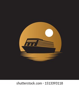 Ship cruiser on the ocean with gold moon or sun background illustration logo design