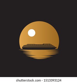Ship cruiser on the ocean with gold moon or sun background illustration logo design