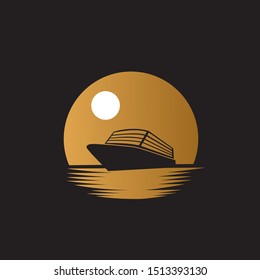 Ship cruiser on the ocean with gold moon or sun background illustration logo design