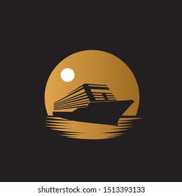 Ship cruiser on the ocean with gold moon or sun background illustration logo design