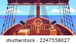 Ship deck view with a steering wheel, canons, and a mast with black sails. Pirate game background. Captain