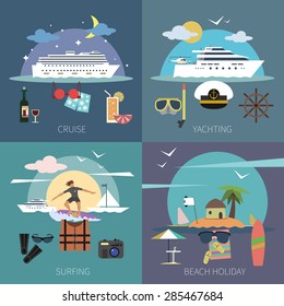 Ship design concept set with cruise yachting surfing beach holiday flat icons isolated vector illustration