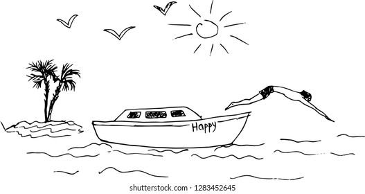Ship,  diver. Hand drawn illustration.