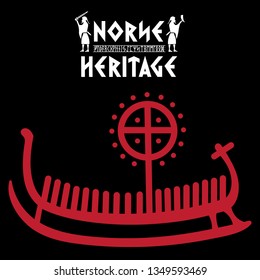 Ship Drakkar, illustration with ancient runic stone from Scandinavia and the inscription Norse Heritage, isolated on black, vector illustration