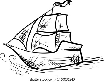 Ship drawing, illustration, vector on white background.