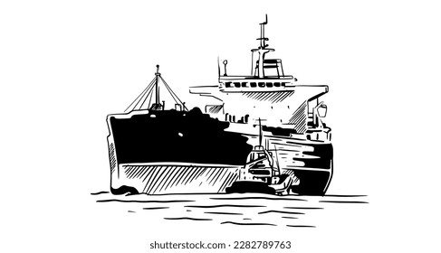 ship of drawing and ink sketch for design. water transportation of sea. drawing ship for marine