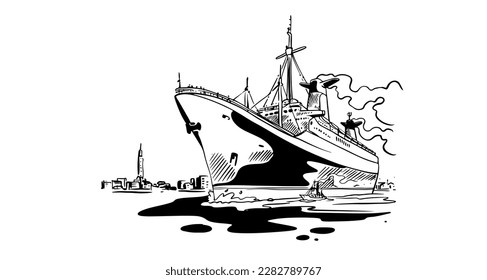 ship of drawing and ink sketch for design. water transportation of sea. drawing ship for marine