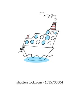 Ship. A ship drawn with a marker, isolated on a white background. Children's drawing. Vector illustration.
