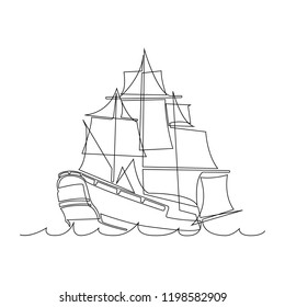 The ship is drawn in one black line on a white background. Continuous line drawing. Vector illustration.