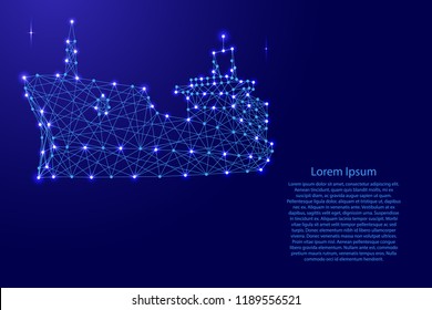 Ship dry cargo vessel from futuristic polygonal blue lines and glowing stars for banner, poster, greeting card. Vector illustration.