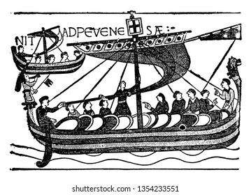 Barco de la Flota Guillermo Duke que transportaba tropas para la invasión de Inglaterra, dibujo de líneas vintage o ilustración grabadora.