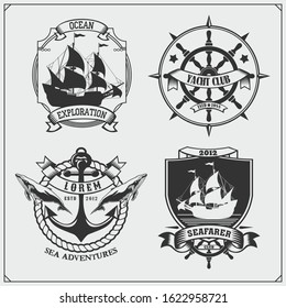 Ship emblems. Yacht club, sea adventures and marine cruise. Vector illustration.
