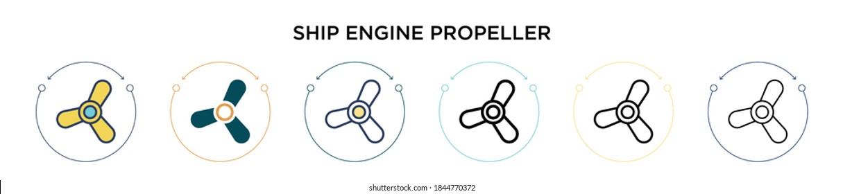 Ship engine propeller icon in filled, thin line, outline and stroke style. Vector illustration of two colored and black ship engine propeller vector icons designs can be used for mobile, ui, web