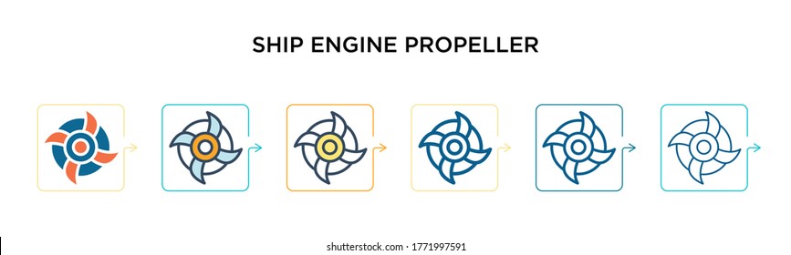 Ship engine propeller vector icon in 6 different modern styles. Black, two colored ship engine propeller icons designed in filled, outline, line and stroke style. Vector illustration can be used for 