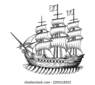 Ship with Engraving style. Vector vintage Illustration