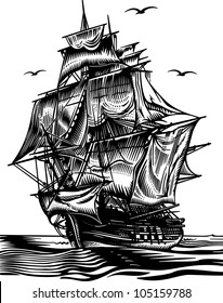 Ship engrawing picture. Vector illustration