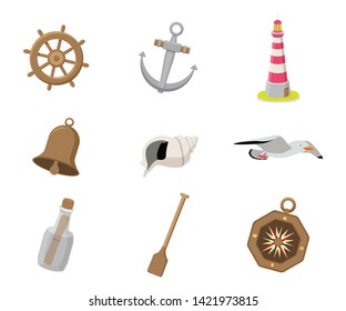 Ship equipment vector illustrations set. Nautical symbols isolated clipart. Lighthouse, compass, anchor, wheel design elements. Marine bird, message in bottle. Coast tower, building