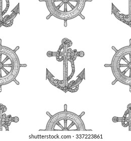 Ship equipment  zentangle seamless pattern. Adult antistress coloring page. Vector illustration.
