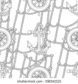Ship equipment  zentangle seamless pattern. Adult antistress coloring page. Vector illustration.