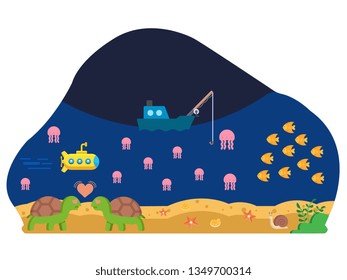 Ship of fisherman with underwater view scenery, fish tortoise about discover marine life for web design, hero image landing page