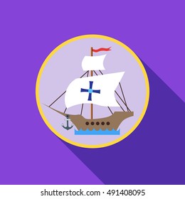 Ship with flag of Columbus icon in flat style with long shadow. Maritime transport symbol vector illustration