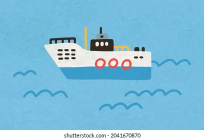 Ship floating in ocean water. Toy marine boat in doodle style. Side view of childish nautical vessel with lifebuoys. Seascape with swimming transport. Flat vector illustration