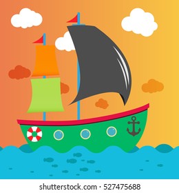 The ship is floating on the sea with orange sky. Flat design material.