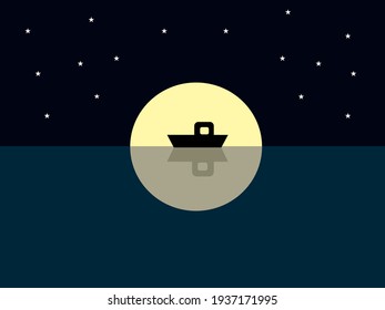 El barco está flotando en el agua por la noche con estrellas y luna grande.