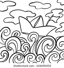 Ship floating on the wavy sea for coloring page. Black and white fantasy art in entangle style. Vector illustration