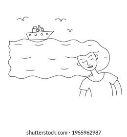 The ship floats in the girl's hair, as if on the waves. Sketch from lines. Vector illustration. Illustration with a plot. Black and white picture. Portrait of a girl with hangings.