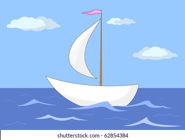 The ship floats in the sea under a sail, from above the sky and clouds